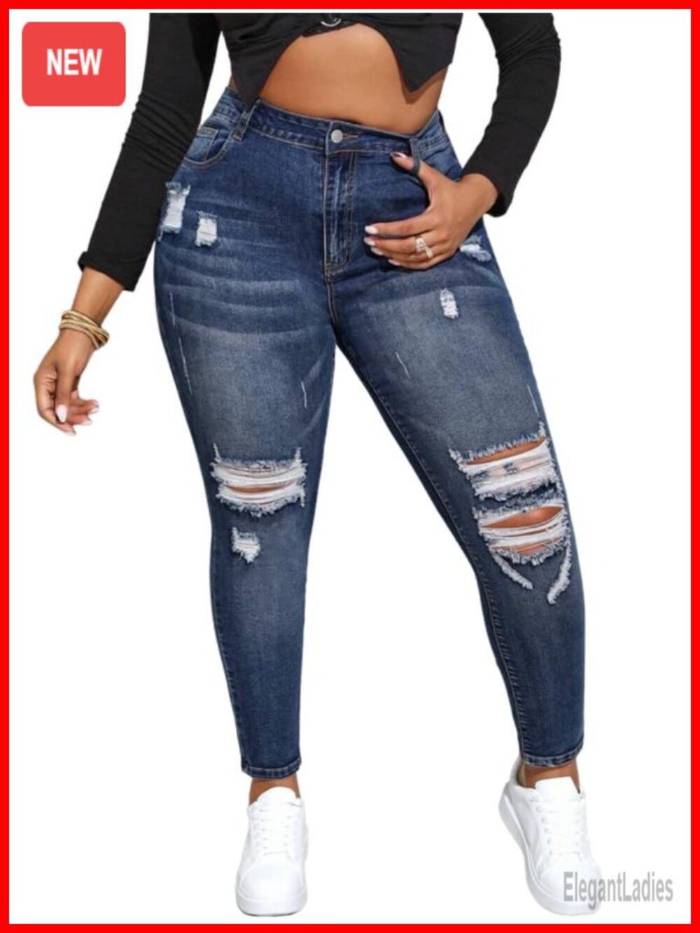Plus Size High Waisted Skinny Jeans Stretchy Ankle Ripped Distressed Denim - Picture 2 of 4